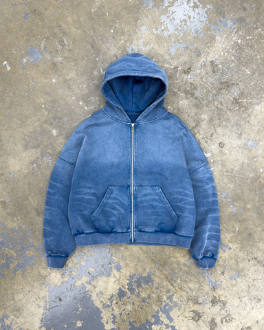SCRATCH STONE BLUE ZIP UP BOXY FIT HOODIE